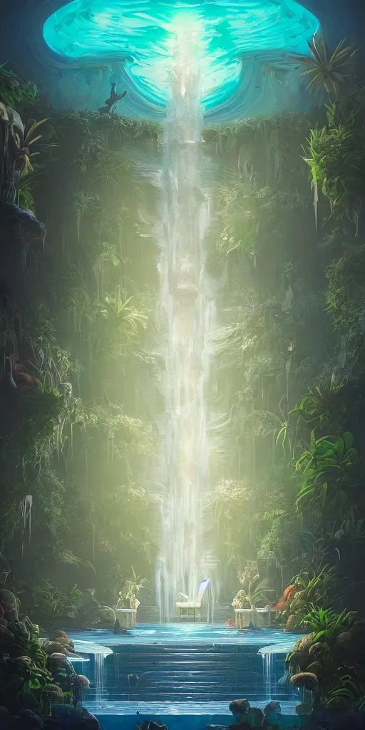 Image similar to detailed interior of a vaporwave pool, waterfall walls, palm vegetation, light shafts, the glowing throne, stunning atmosphere, in style of peter mohrbacher, cinematic lighting