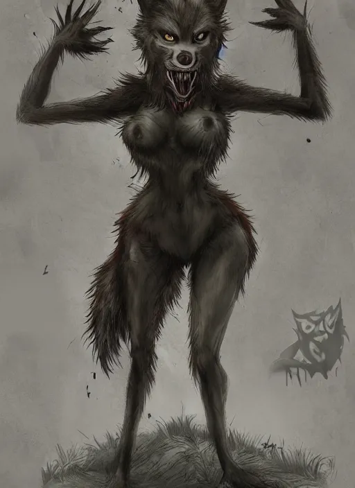 Image similar to werewolf girl in a dark forest, anthropomorphic, sharp teeth, trending on artstation