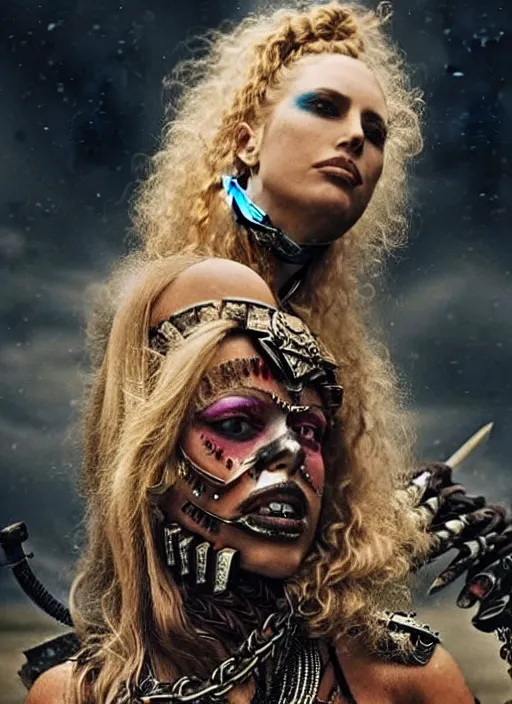 Prompt: Elizabeth Berkley with curly blonde hair as aztec princess fights brutal barbarian, inspired by mad max and dark fantasy and fashion, beautiful body, clean brutal blooded symmetrical face, brutal bloody and sluty make up, epic,dramatic lighting, cinematic, establishing shot, extremely high detail, photorealistic, brutal, provocative , cinematic lighting, artstation, octane render, dark fantasy ,old photo, vintage, black and white, Boris vallejo, sepia, old photography, documentary photography