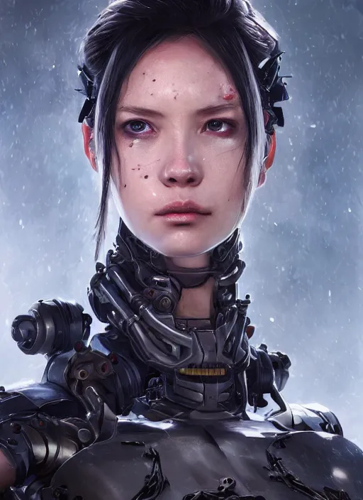 Prompt: A portrait of a monstrous female cyborg by Greg Rutkowski, Sung Choi, Mitchell Mohrhauser, Maciej Kuciara, Johnson Ting, Maxim Verehin, Peter Konig, final fantasy, 8k photorealistic, cinematic lighting, HD, high details, dramatic, atmospheric , trending on artstation