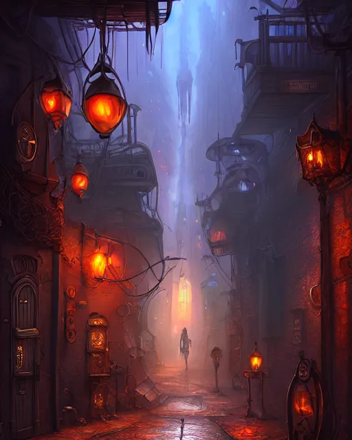 Image similar to street view of an otherworldly alley in the planescape city named sigil, crowded, beautiful digital painting in the style of wlop, volumetric lightning, intricate details, ultra realistic, by art germ, by gerard brom, steampunk, fantasypunk, deep colors, amazing d & d art, trending cgsociety, artstation, sharp