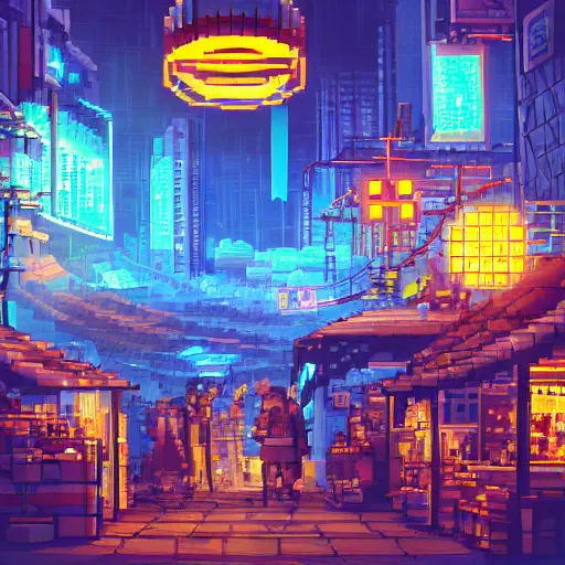 Image similar to fantastic lighting, pixel art, high detail, cyberpunk market, 2 d