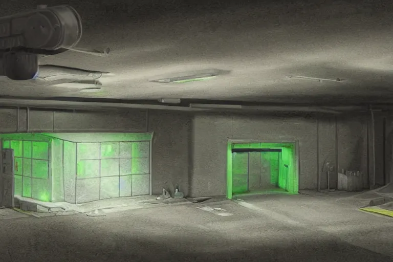 Prompt: very realistic detailed matte painting of a small civilian bunker, neon lighting