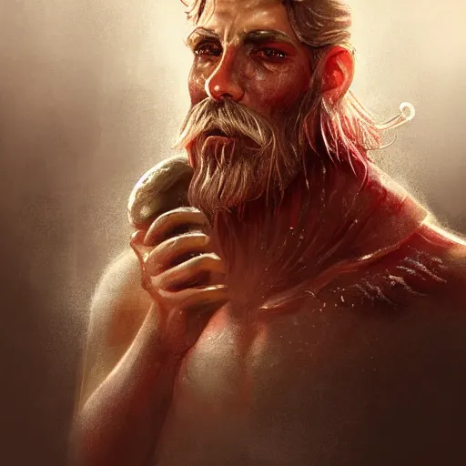 Prompt: portrait of a young rugged hot dog, extra onions and ketchup, luscious with sesame seeds, handsome, D&D, fantasy, intricate, eldritch, Viking, elegant, highly detailed, digital painting, sweaty meat, artstation, concept art, matte, sharp focus, illustration, art by Anna dittmann