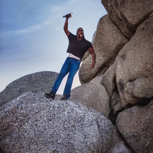 Image similar to dwayne jonson singing in a rock concert standing on a rock