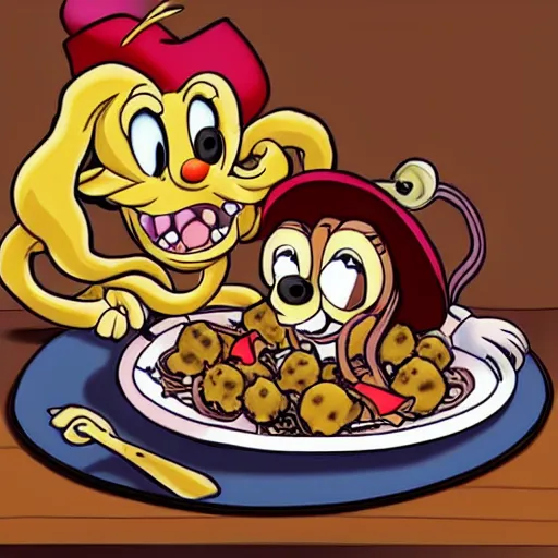 Image similar to an octopus and a pirate squid share a romantic plate of spaghetti and meatballs, in the style of Disney's Lady and the Tramp, cartoon,