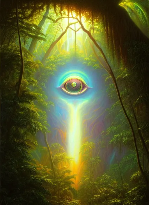 Prompt: a painting of a giant psychedelic eye in a jungle, god rays, beautiful colors, surrealism, visionary art, fractals, matte painting, by christophe vacher