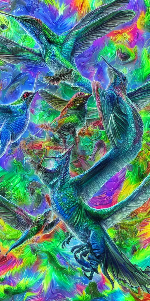 Image similar to psychedelic dinosaurs, four - dimensional hummingbirds, color, consciousness, and the dazzling universe of tetrachromacy, ambient occlusion, vray render,