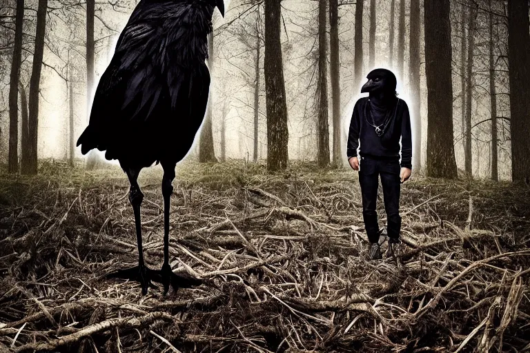 Prompt: !! human mixed with a crow, photograph captured in a dark forest