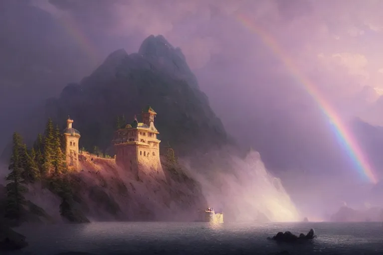 Image similar to Castle, mountain landscape, rainbow waterfall, twilight, painting by Ivan Aivazovsky and Greg Rutkowski, artstation, fantasy, intricate, beautiful, cinematic, octane render, arnold render, 8k, hyper realism, detailed, sharp focus, 4k uhd, masterpiece, award winning