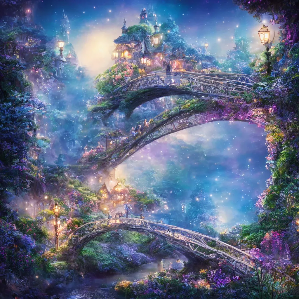 Image similar to fairyland bridge, outside of time and space, dreamy, romantic, night lighting, gorgeous lighting, dramatic cinematic lighting, intricate, highly detailed, in the style of studio ghibli, 8 k