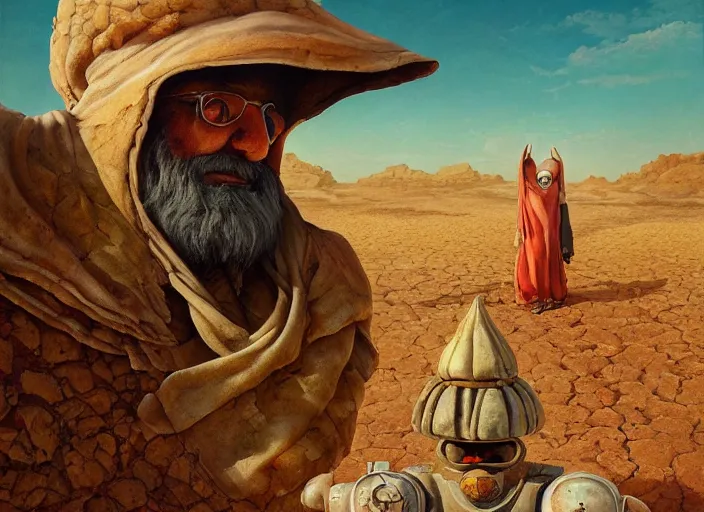 Image similar to a forgotten garden gnome surviving in a vast barren desert, hopeless wasteland background with a relentless raging sun overhead, hot, oppressive, an ultrafine detailed painting by by karol bak and filip hodas, trending on deviantart, pop surrealism, whimsical, lowbrow, perfect symmetrical face