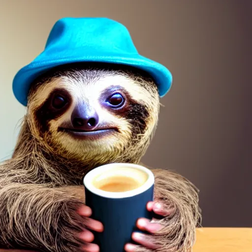 Prompt: An adorable baby sloth in a hat working at his job as a computer programmer, drinking a cup of coffee, 4k photograph