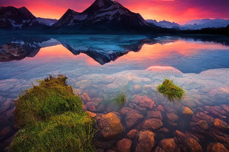 Image similar to amazing landscape photo of mountains with lake in sunset by marc adamus, beautiful dramatic lighting