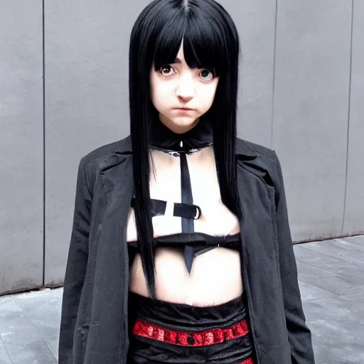 Prompt: 1 7 - year - old anime goth girl, black hair, long bob cut, long bangs, gothic coat, holding, shibuya street, blue sunshine, strong lighting, strong shadows, vivid hues, raytracing, sharp details, subsurface scattering, intricate details, hd anime, very - high - budget anime movie, 2 0 2 1 anime