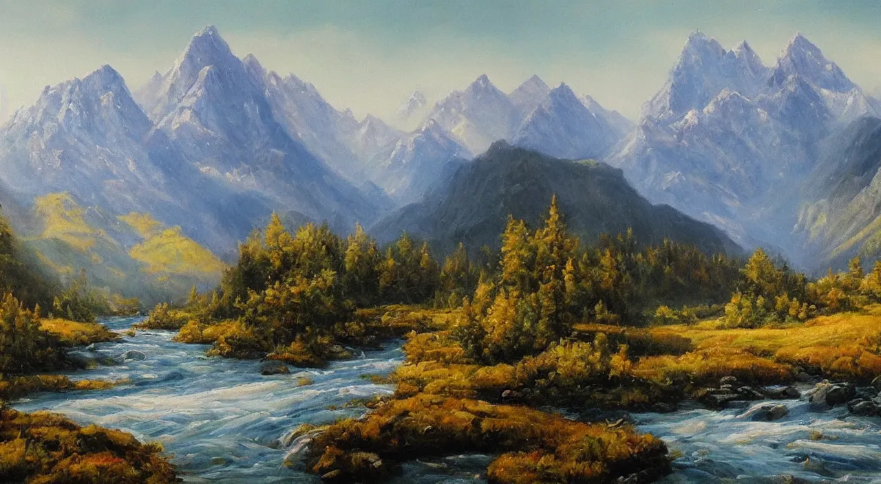 Prompt: The most beautiful landscape filled with mountains and rivers, oil painting