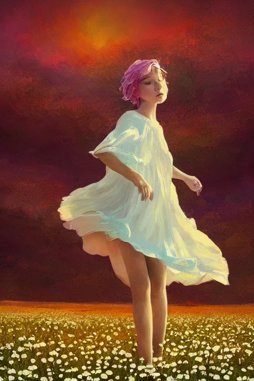 Prompt: giant white daisies flower head, girl dancing in a flower field, surreal photography, sunrise, dramatic light, impressionist painting, colorful clouds, digital painting, artstation, simon stalenhag