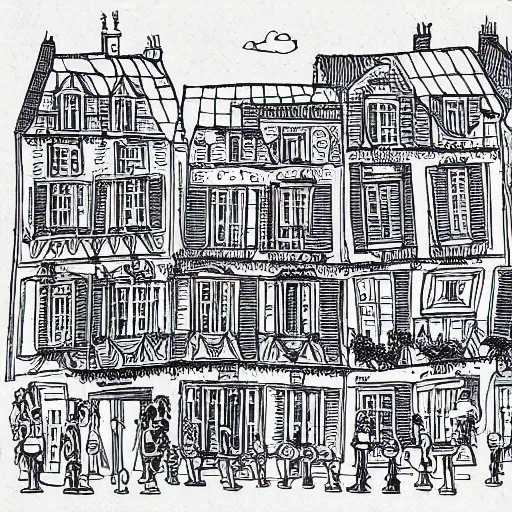 Prompt: detailed illustration of a french town, 0.2 black micron pen