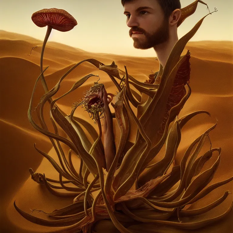 Image similar to carnivorous plant, young white man, in desert, dune, baroque portrait painting, beautiful detailed intricate insanely detailed octane render trending on Artstation, 8K artistic photography, photorealistic, chiaroscuro, Raphael, Caravaggio