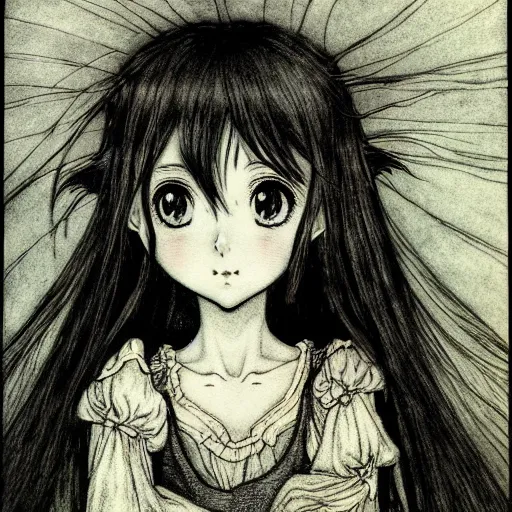 Prompt: photo of a cute young anime-style girl in the style of Arthur Rackham, realistic, wide focus, 8k ultra, insanely detailed, intricate, elegant, art by Laurie Lipton