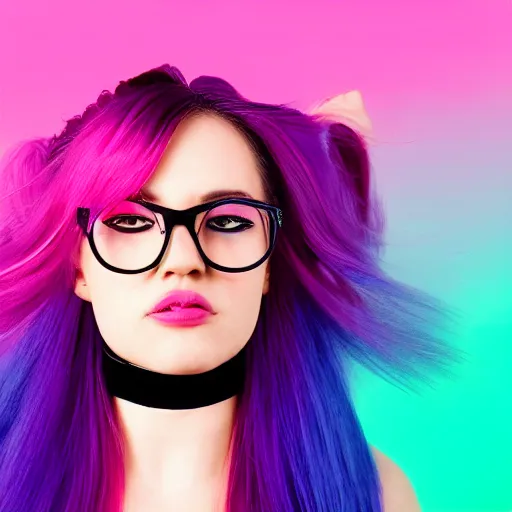 Prompt: a award winning action upper body portrait of a beautiful woman with glasses and ombre purple pink hairstyle with head in motion and hair flying, choker, outrun, vaporware, vivid colors, highly detailed, fine detail, intricate