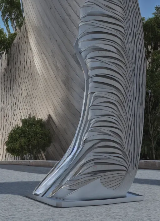 Image similar to highly detailed realistic architecture 3 d render of a wood and metal stele monument in zaha hadid style standing on a side of a road, archdaily, made in unreal engine 4 octane render