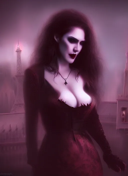Image similar to realistic matte painting, full length portrait, the duchess of blood owns the las vegas night, vampire, highly detailed, CGsociety, subtle, concept art, HDR, hyper realistic, volumetric lighting, subsurface scattering, unreal