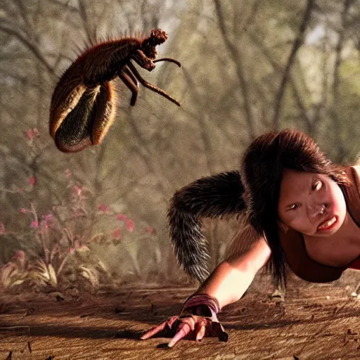 Prompt: Liliputian woman fighting a wolf spider, realistic, horror movie