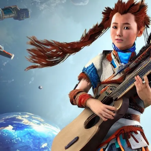 Prompt: aloy from the horizon zero dawn videogame playing the guitar in the international space station