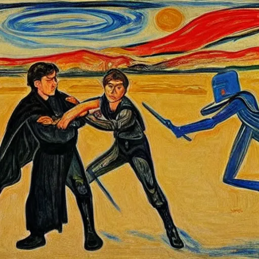 Prompt: jedis fighting on tatooine in the style of edvard munch