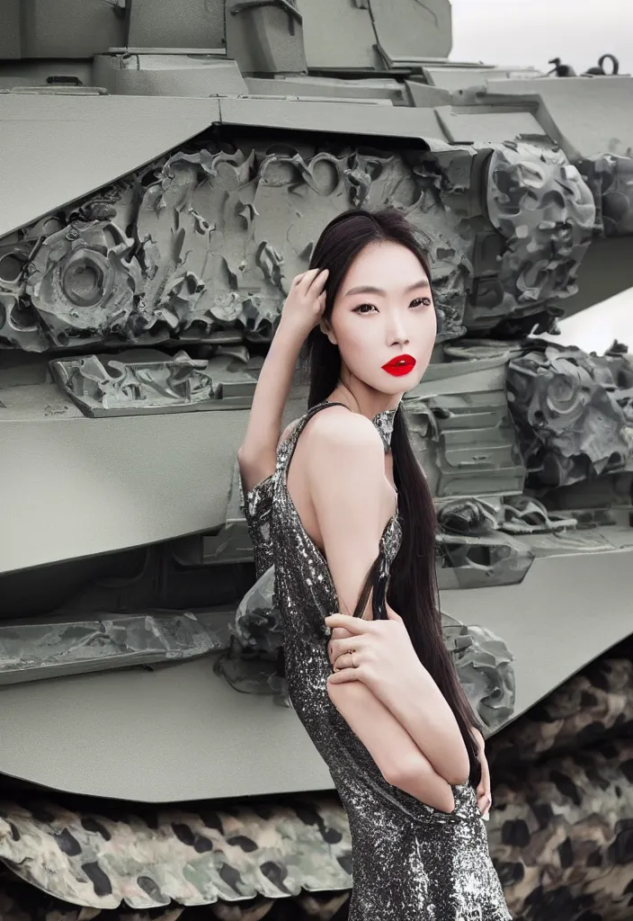 Image similar to gorgeous chinese model, elegant shiny reflective party dress, at the front of a military tank at dusk, high fashion photography for vogue italia