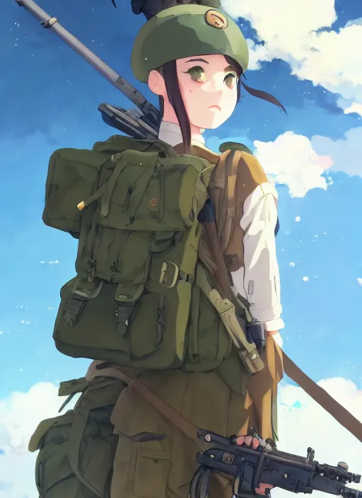 Image similar to portrait of cute soldier girl, cloudy sky background lush landscape illustration concept art anime key visual trending pixiv fanbox by wlop and greg rutkowski and makoto shinkai and studio ghibli and kyoto animation soldier clothing military gear