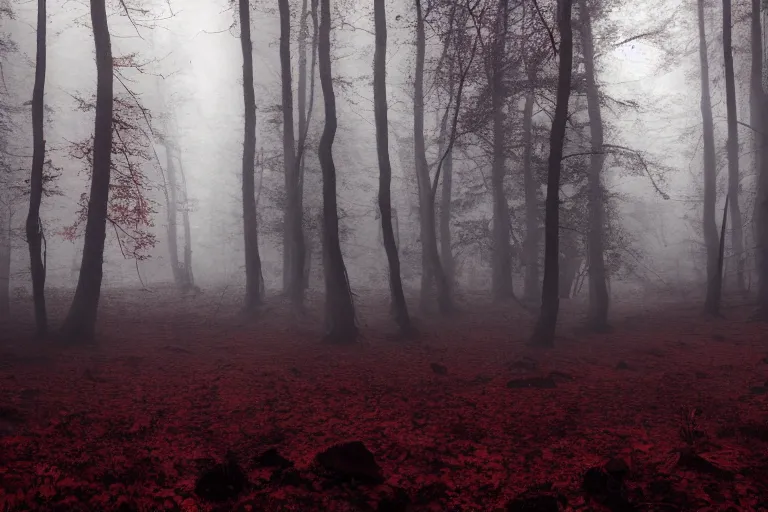 Image similar to deep dark moody forest, red fog on the ground, bleak. big stones, dark mood. mysterious. doom. realistic painting. photobashing, matte painting, highly detailed, autumn, cinematic, hyperralistic, artstation, art brut, outsider art, symbolist, dramatic lighting, god rays, clean crisp graphics, smooth sharp focus, extremely detailed