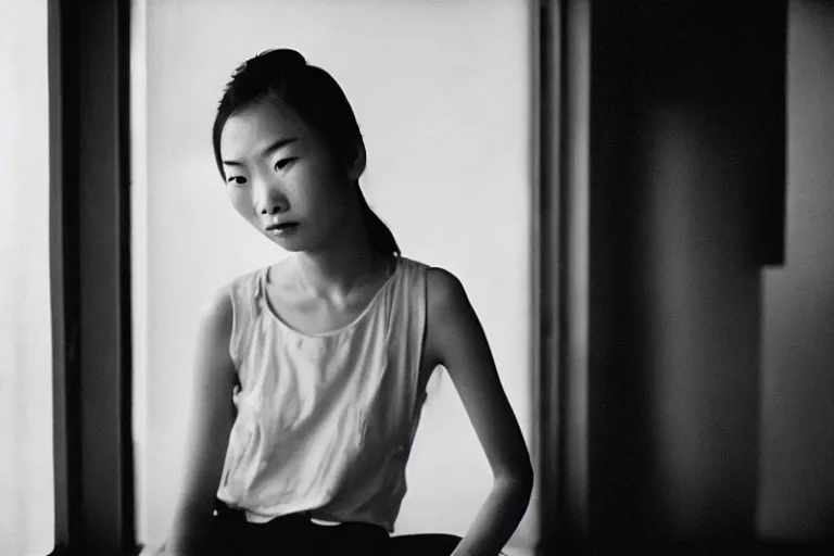 Prompt: black and white portrait photo of 张国荣, slight smile, natural light, low contrast, photo by Peter Lindbergh, 8K