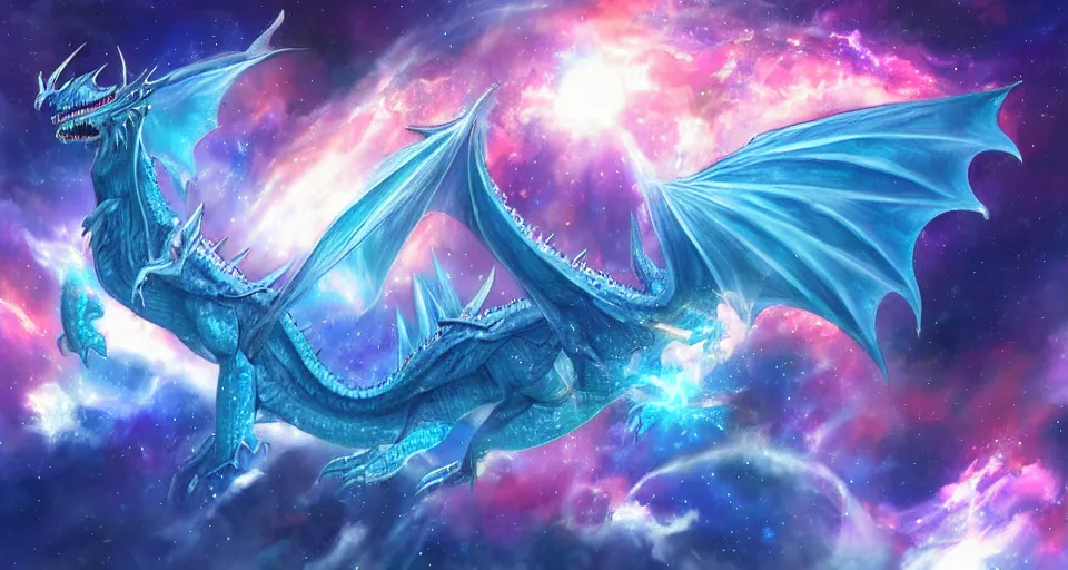 Prompt: single large blue dragon flying through nebula, by artgerm