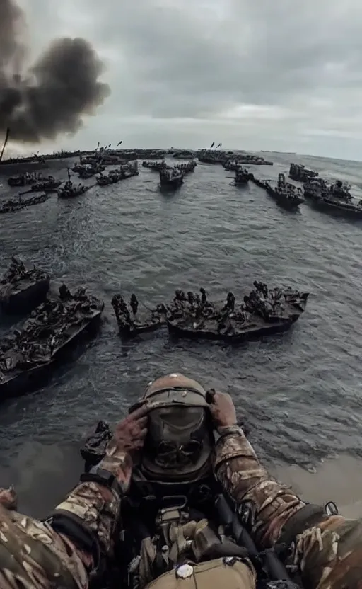 Image similar to gopro footage of d - day, solldiers, explosions, ultra realistic, cinematic, lighting, terrifying,