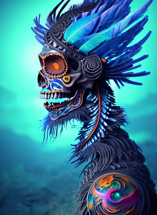 Prompt: 3 d shaman with tattoos profile portrait, sigma 5 0 0 mm f / 5. beautiful intricate highly detailed quetzalcoatl skull and feathers. bioluminescent, gradient background, plasma, frost, water, wind, creature, thunderstorm! artwork by tooth wu and wlop and beeple and greg rutkowski, 8 k trending on artstation,