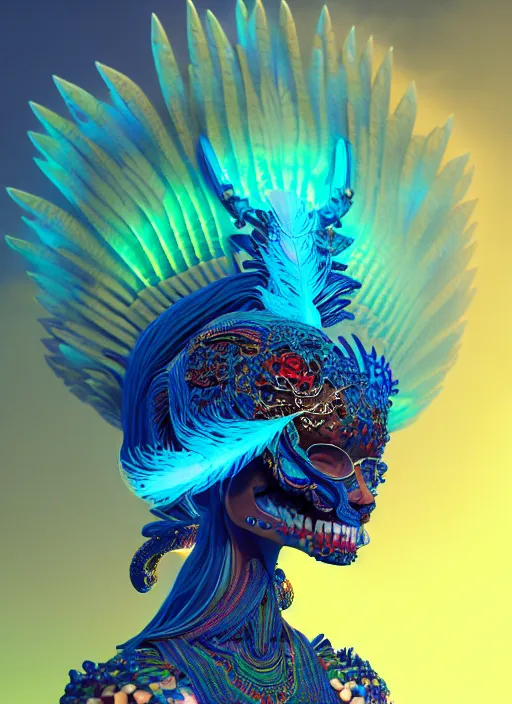 Image similar to a wlop 3 d render of goddess, 8 k micro details beautiful intricate highly detailed quetzalcoatl skull and feathers. bioluminescent, fire, snow, thunderstorm! artwork by tooth wu and wlop and beeple and greg rutkowski, trending on artstation,