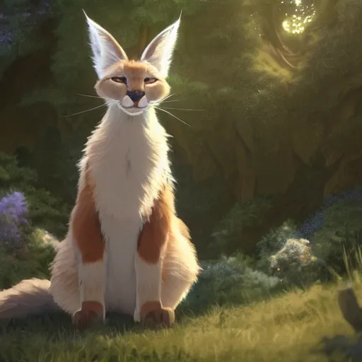 Image similar to a wholesome animation key shot of a cute fluffy caracal wearing white robe, studio ghibli, pixar and disney animation, sharp, rendered in unreal engine 5, anime key art by greg rutkowski, bloom, dramatic lighting