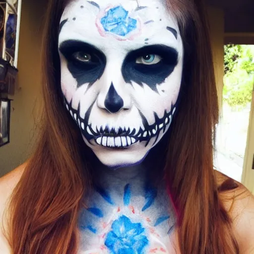 Prompt: a woman with face paint of a skull. full body. photo. detailed. photography. trending on instagram.