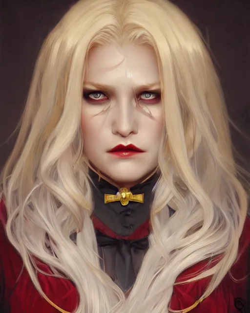 Image similar to female vampire, perfect face, gold waistcoat, long grey hair, red necktie, cinematic, stunning, highly detailed, digital painting, artstation, smooth, hard focus, illustration, art by artgerm and greg rutkowski and alphonse mucha