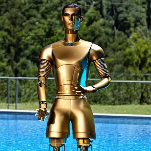 Image similar to a realistic detailed photo of a guy who is an attractive humanoid who is half robot and half humanoid, who is a male android, soccer player cristiano ronaldo, shiny skin, posing like a statue, blank stare, by the pool, on display, showing off his muscles, humanoid robot, gold soccer shorts