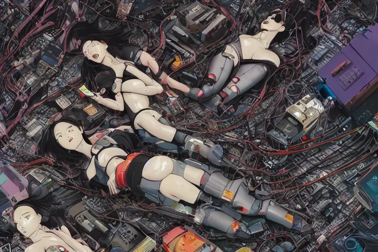 Image similar to a refined cyberpunk illustration of a group of female androids' lying on the floor with their body parts scattered around and cables and wires coming out, by katsuhiro otomo and masamune shirow, hyper-detailed, colorful, view from above, wide angle, close up, white background