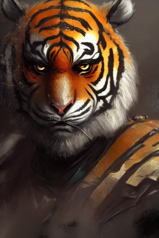 Image similar to portrait male anthro tiger dressed in military clothes character full body precis no blur, concept art, character sheet, nier automata, gaston bussiere, greg rutkowski, tsutomu nihei, cyberpunk, trending on artstation, featured on pixiv, hyper detail, cinematic composition, 8 k, detailed face