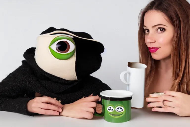 Prompt: girl on a date with pepe the frog drinking coffee, 8 0 s style, studio photo, natural lighting