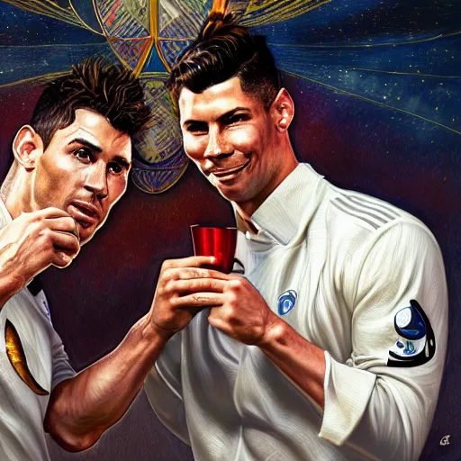 Prompt: Portrait of lionel messi and christiano ronaldo drinking tea in heaven, fantasy, intricate, elegant, highly detailed, digital painting, artstation, concept art, smooth, sharp focus, illustration, art by artgerm and greg rutkowski and alphonse mucha