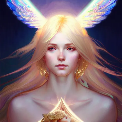 Image similar to Winged girl angel with blonde hair and glowing halo, iridescent, seraphim, fantasy, intricate, elegant, highly detailed, digital painting, artstation, concept art, smooth, sharp focus, illustration, art by Krenz Cushart and Wenqing Yan and Alphonse Mucha