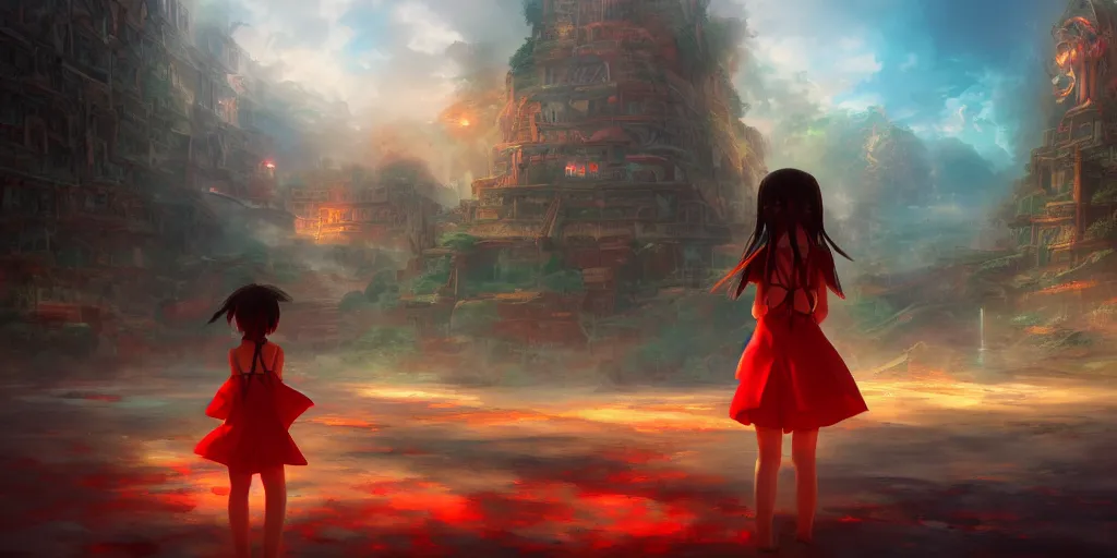 Prompt: a lost city with a loli in red standing in the middle of the road, 4 k resolution, ultra detailed, matte oil painting, mysterious, artstation