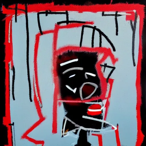 Prompt: Morning. Sunlight is pouring through the window lighting the face of a young sad man holding a red cup of coffee. A new day has dawned bringing with it new hopes and aspirations. Painted in the style of Basquiat, 1980