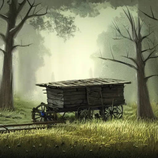 Image similar to an abandoned wagon in the woods, concept art, rutkowski